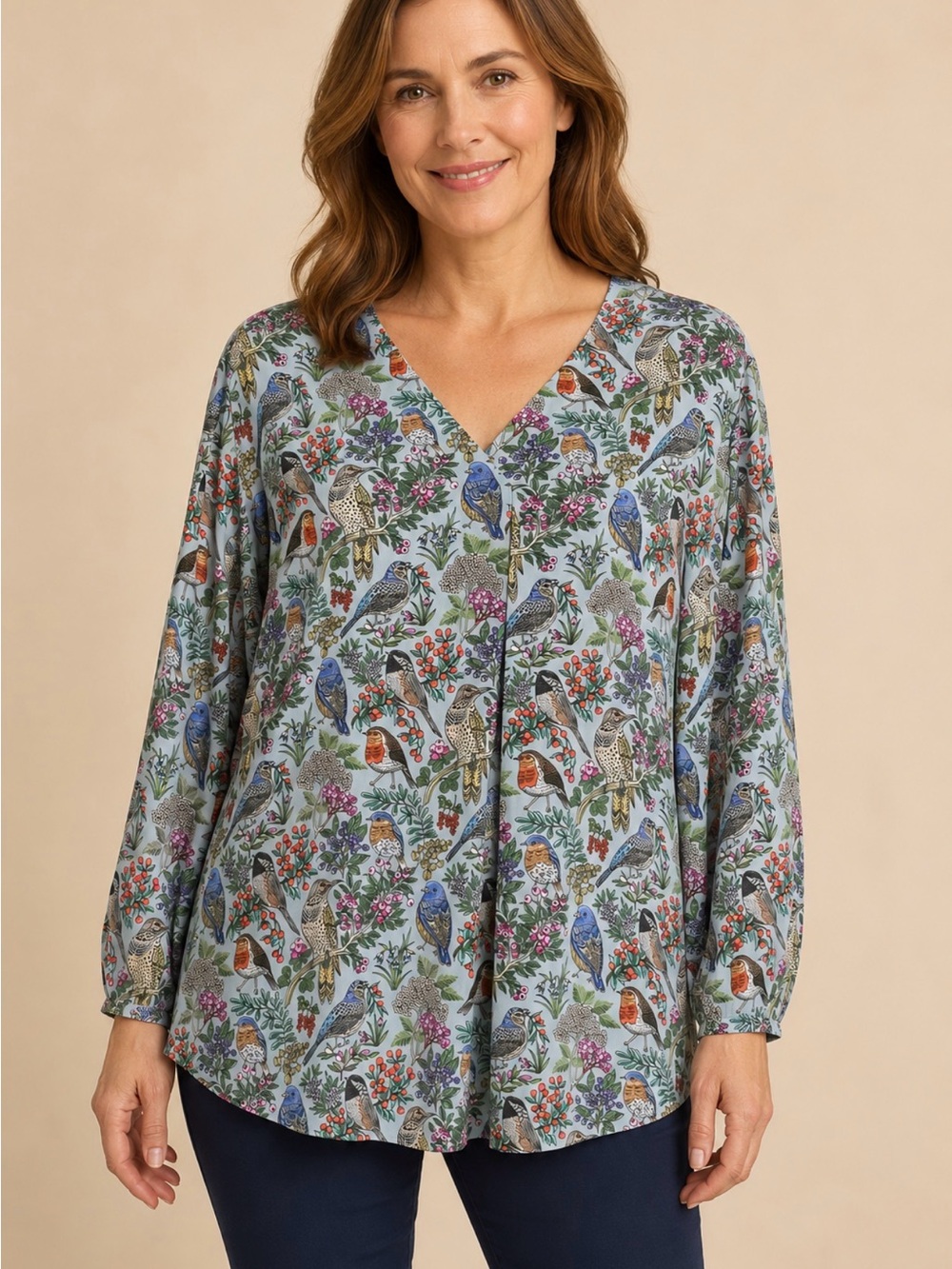 J. Jill XL Petite Bird Floral Botanical Print V-Neck Tunic Blouse